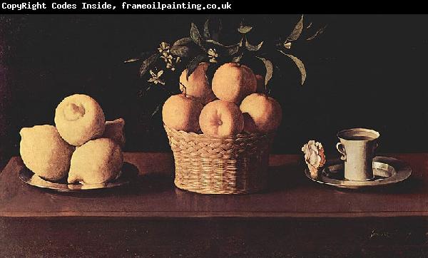 Francisco de Zurbaran Plato con limones cesta con naranjas y taza con una rosa